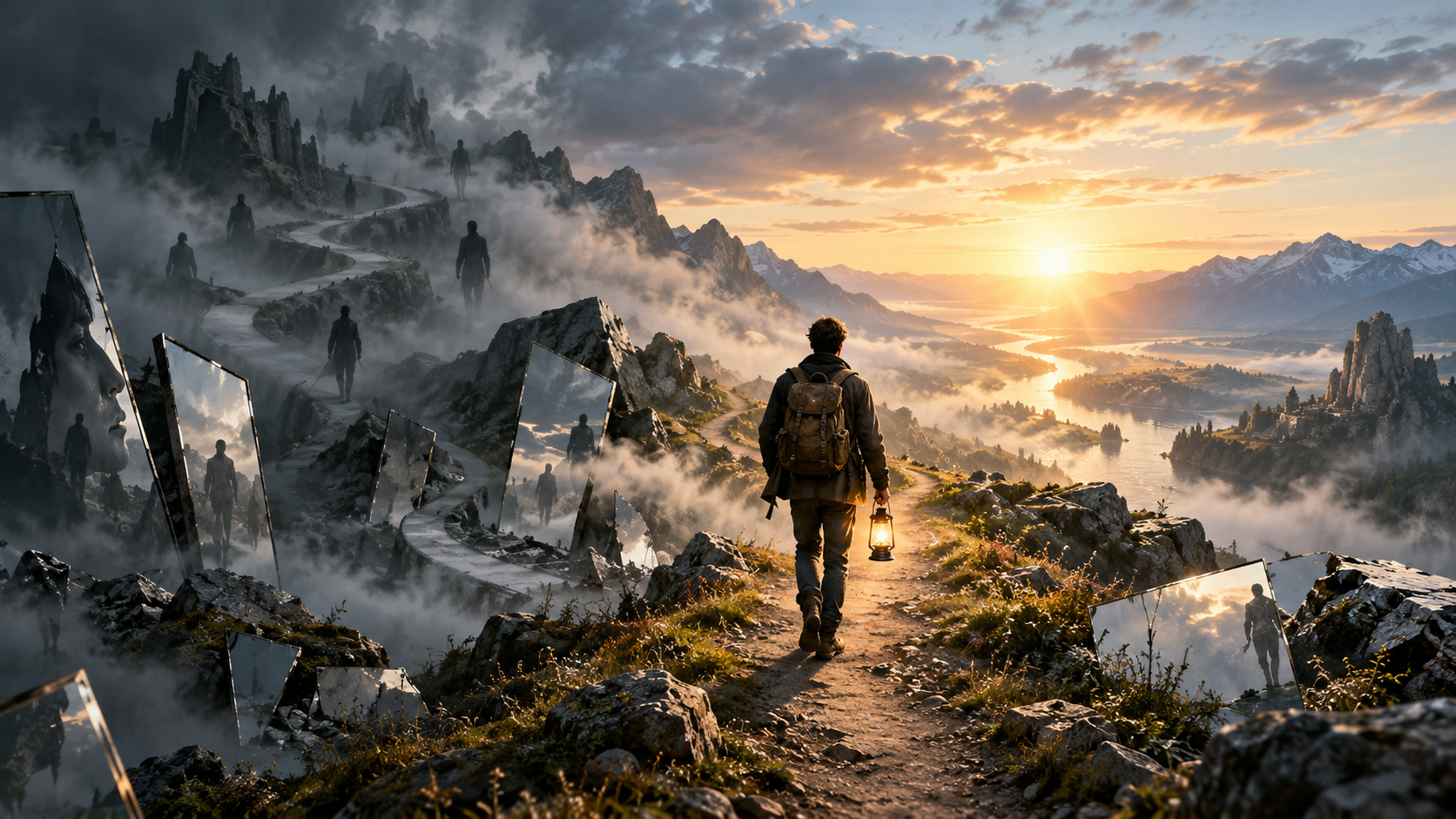 Ein Wanderer folgt mit einer Laterne einem hellen Weg durch eine Berglandschaft, während zerbrochene Spiegel und dunklere Pfade unterschiedliche verzerrte Wirklichkeiten symbolisieren.