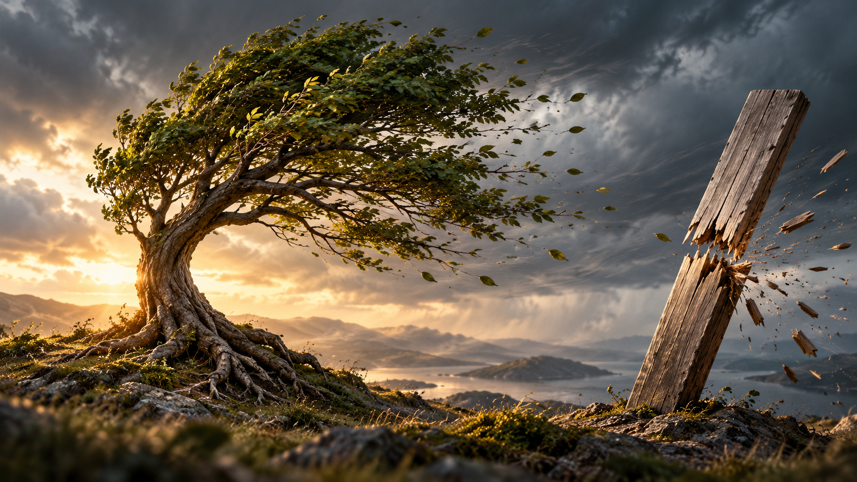 Ein lebender Baum biegt sich im Sturm, während daneben ein starres Holzbrett unter der Belastung zerbricht – als Bild für Anpassungsfähigkeit, Starrheit und Resilienz.