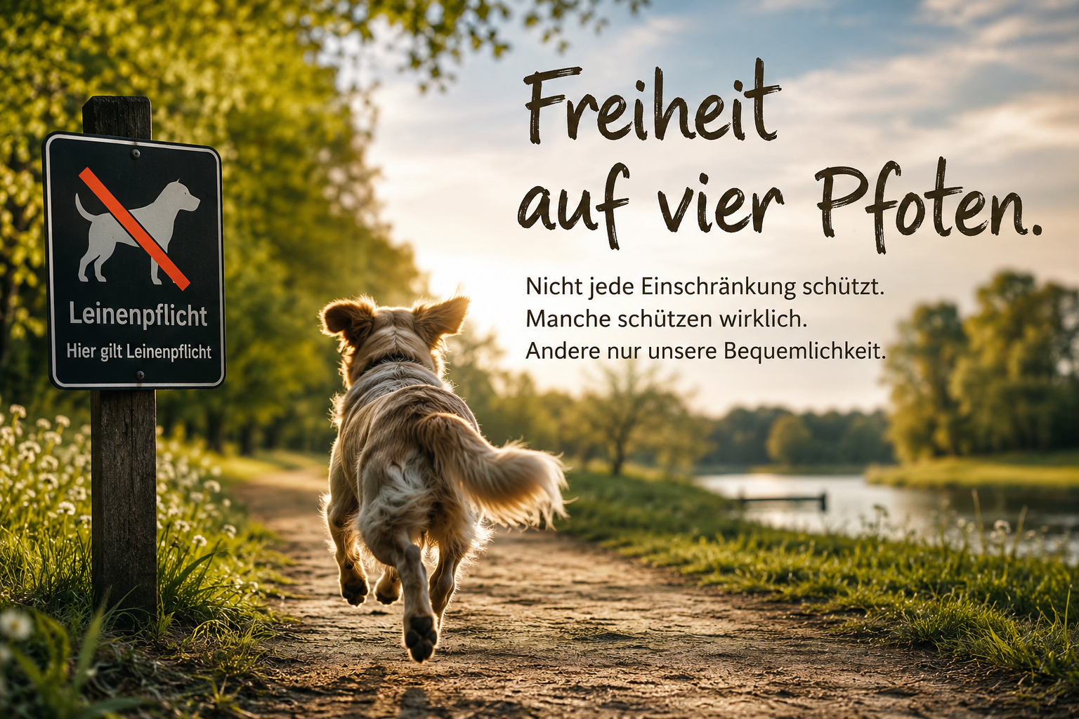 Ein Hund läuft an einem Leinenpflicht-Schild vorbei in die Freiheit