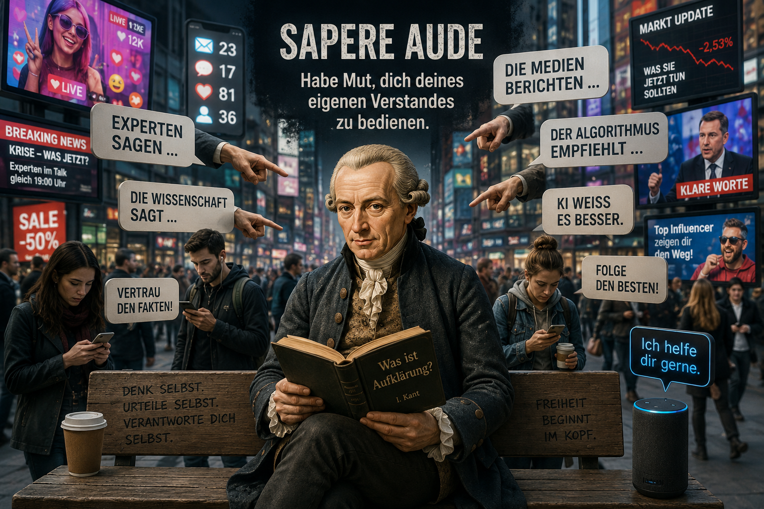 Kant in einer modernen Stadt voller Medienbotschaften