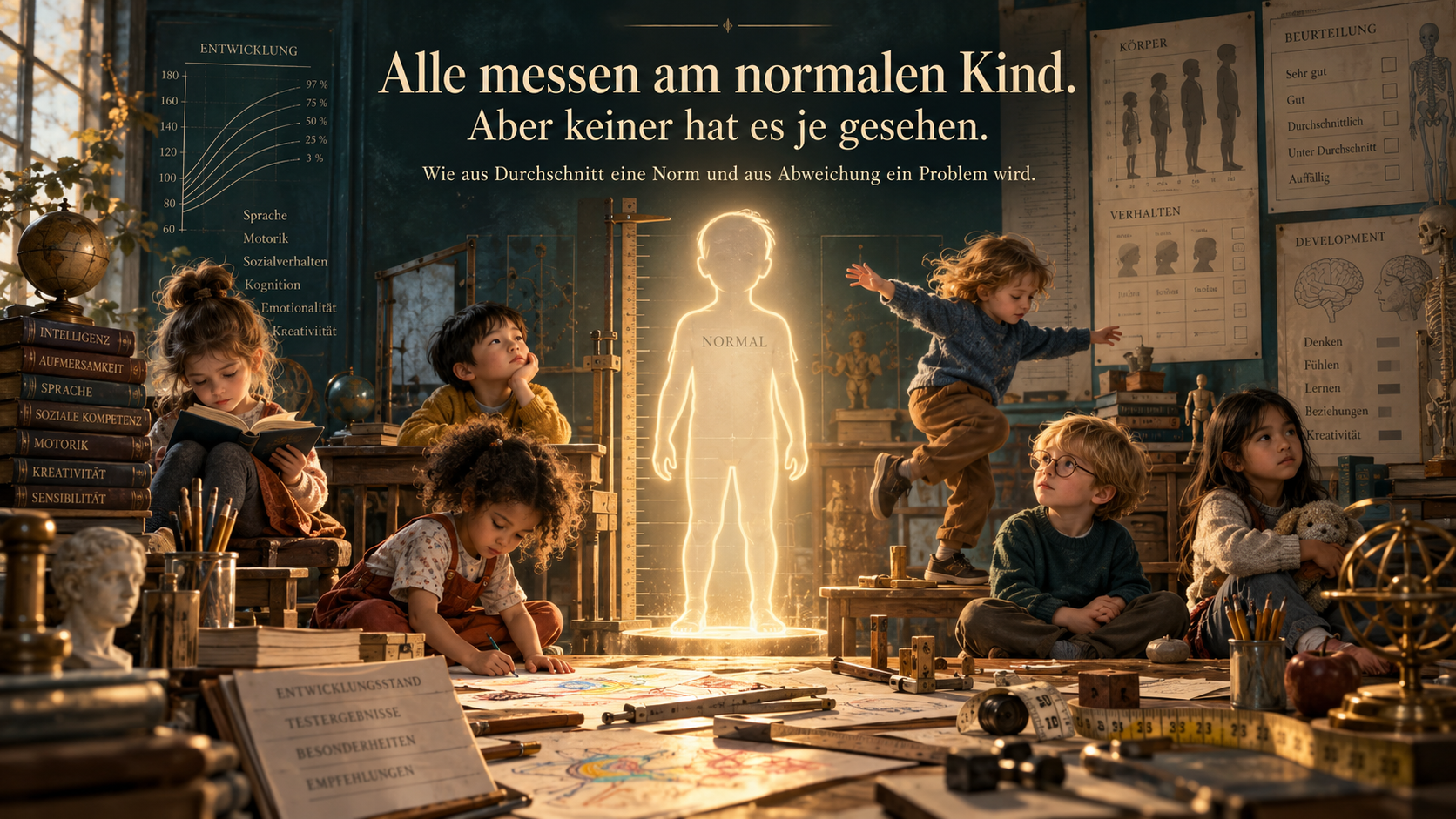Unterschiedliche Kinder werden an einem schematischen normalen Kind und verschiedenen Maßstäben gemessen