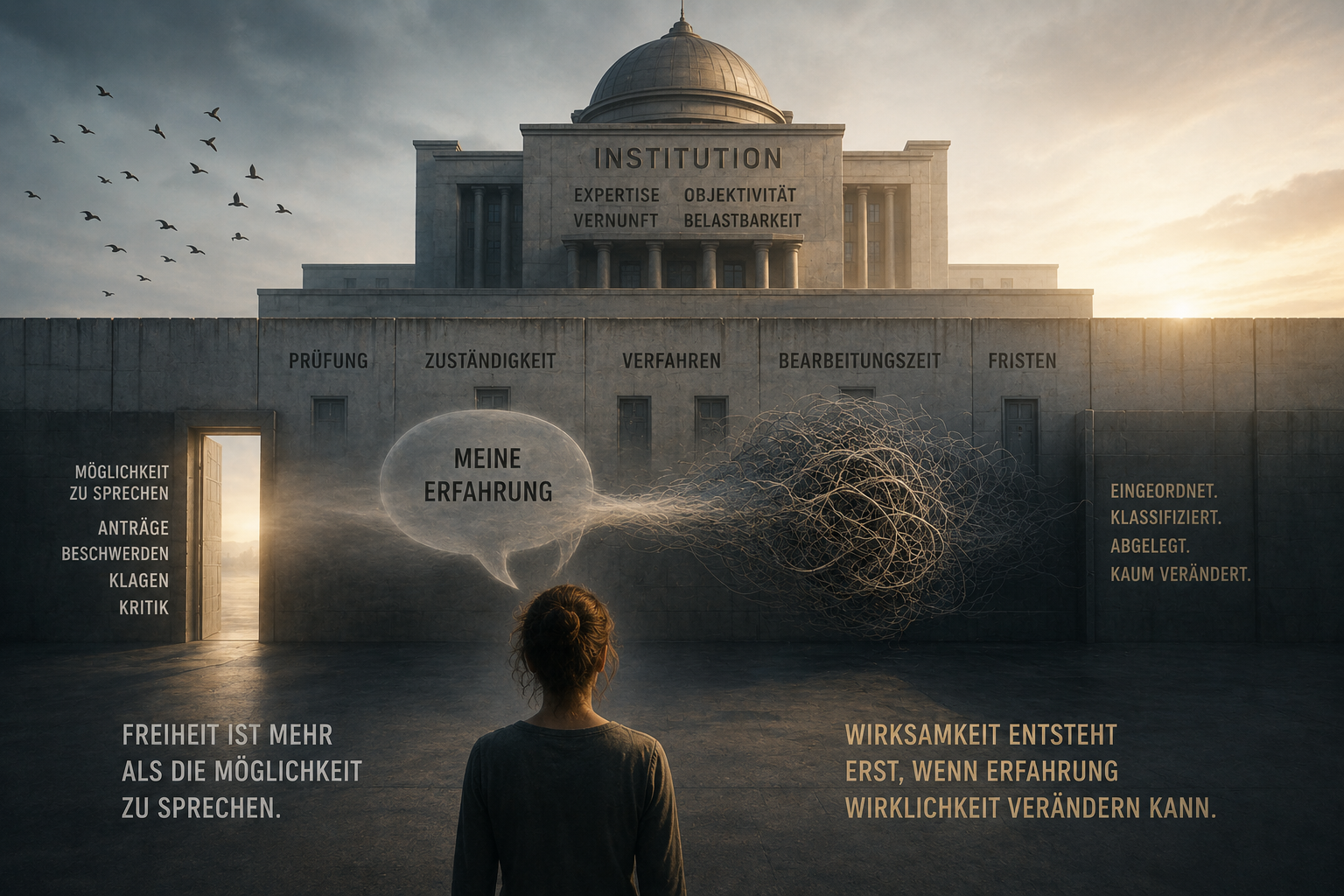 Eine Person vor einer Institution, deren Verfahren persönliche Erfahrung einordnen und abschwächen