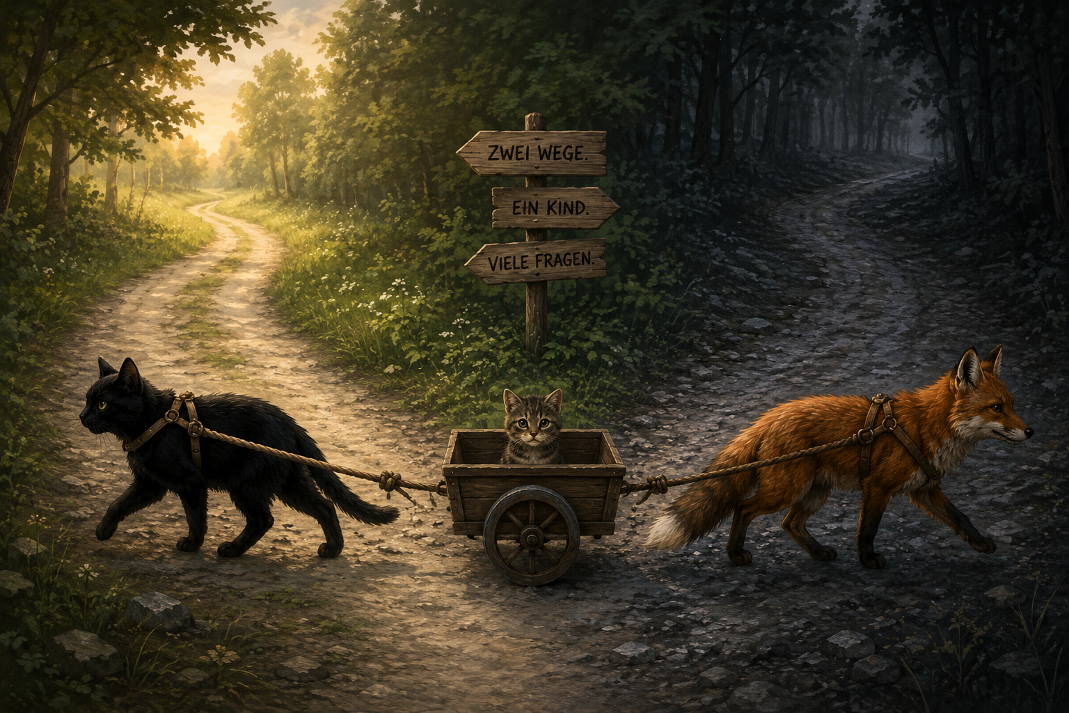 Zwei Wege, ein Kind, viele Fragen: zwei Tiere ziehen in unterschiedliche Richtungen