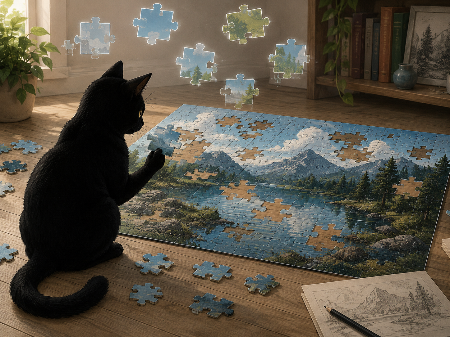 Akira betrachtet ein unvollständiges Puzzle einer Bergsee-Landschaft